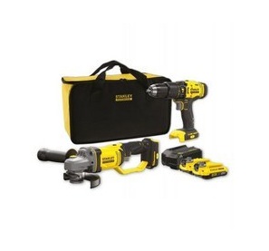 STANLEY - Taladro percutor V20 Li-Ion 18V SFMCD711 + mini-amoladora V20 Li-Ion 18V SFMCG400 + 2 baterías Li-Ion 2Ah + cargador 1A + bolsa